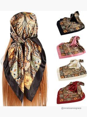 4-Pack Large 35" Square Silk-Like Polyester Scarves, Versatile Head & Neck Wrap